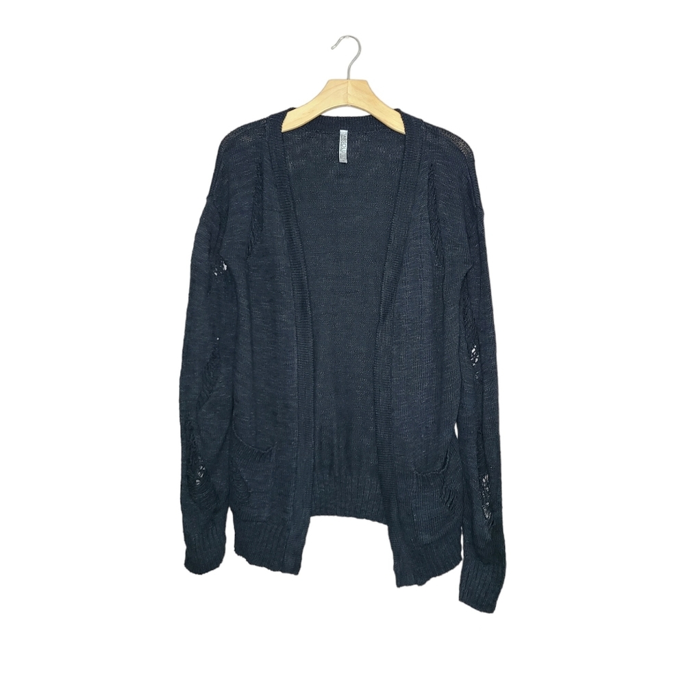 Absolutely Black Distressed Long Sleeve Open Front Knit Cardigan